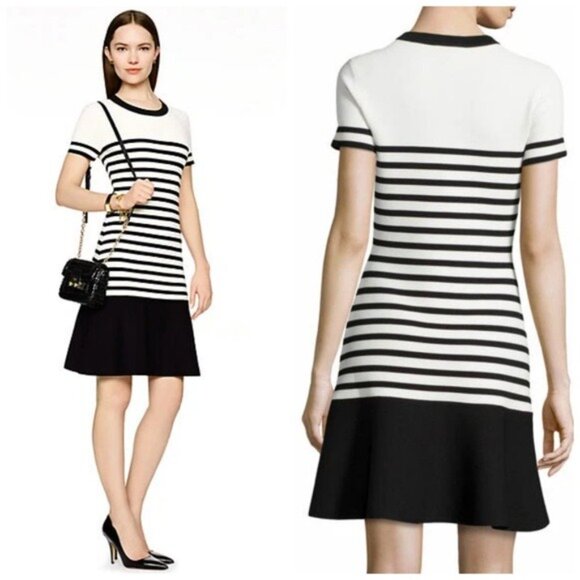 Kate Spade drop waist Scuba dress XXS black ivory stripe fit & flare - Picture 2 of 11